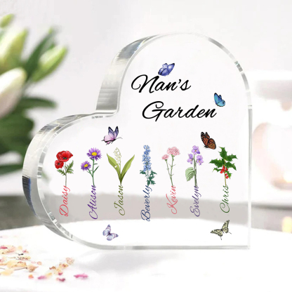 Personalised Heart-Shaped Acrylic Keepsake - Custom 7 Names & 7 Birthflowers Home Decorations Gift for Nan | Jessmade