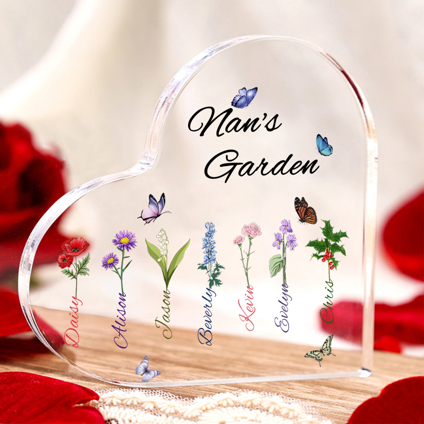 Personalised Heart-Shaped Acrylic Keepsake - Custom 7 Names & 7 Birthf