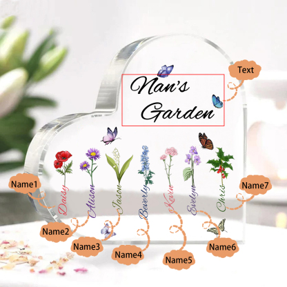 Personalised Heart-Shaped Acrylic Keepsake - Custom 7 Names & 7 Birthflowers Home Decorations Gift for Nan | Jessmade