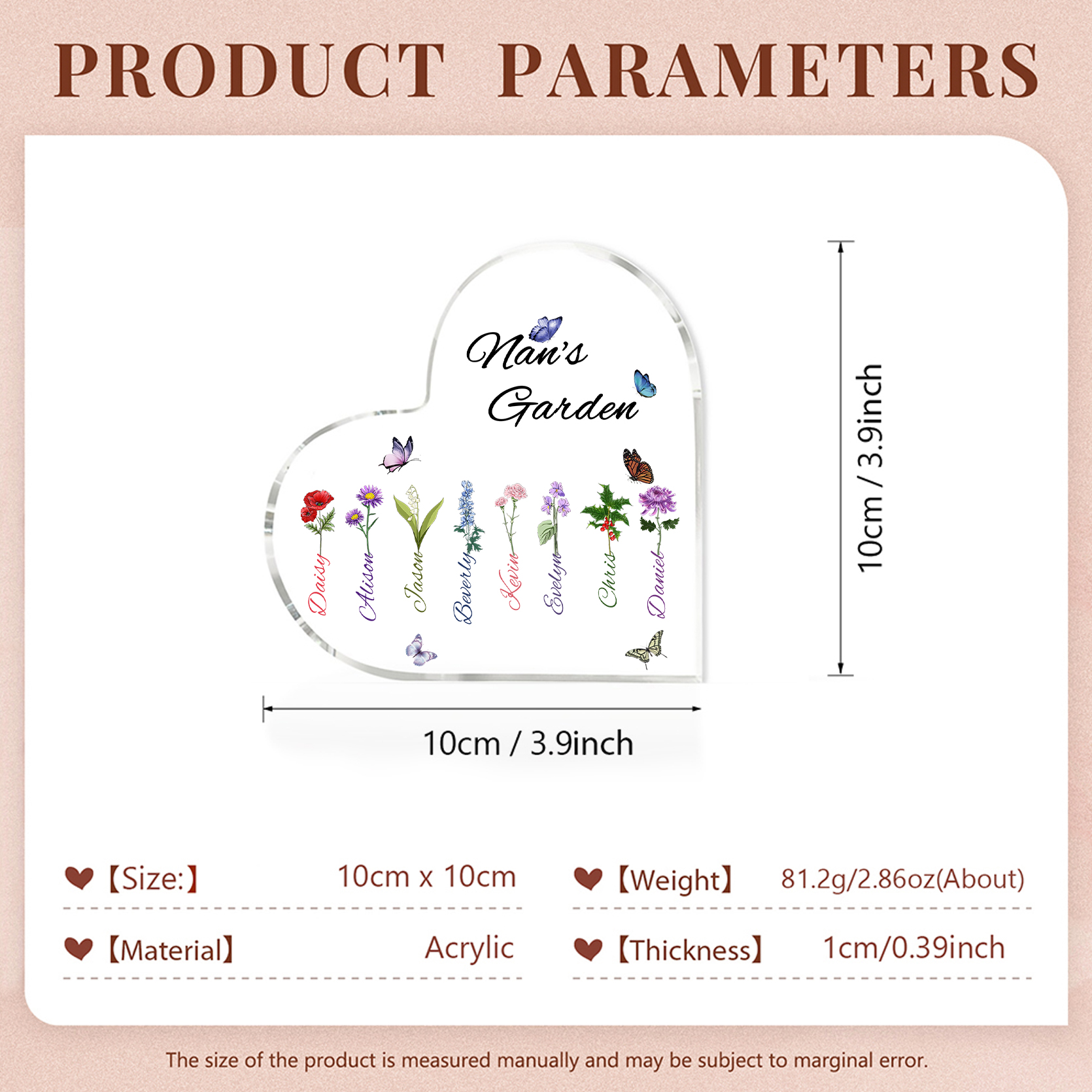 Personalised Heart-Shaped Acrylic Keepsake - Custom 8 Names & 8 Birthflowers Home Decorations Gift for Nan | Jessmade