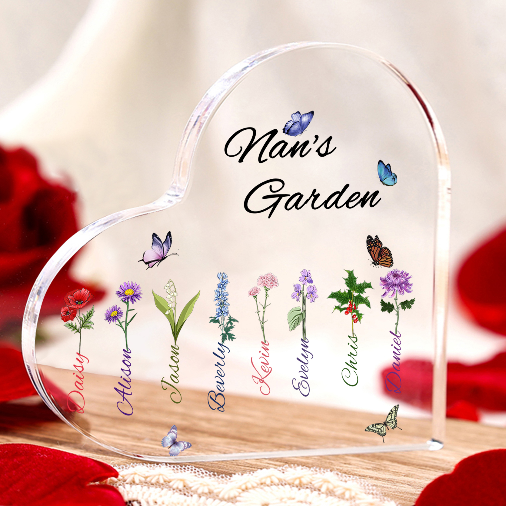 Personalised Heart-Shaped Acrylic Keepsake - Custom 8 Names & 8 Birthflowers Home Decorations Gift for Nan | Jessmade