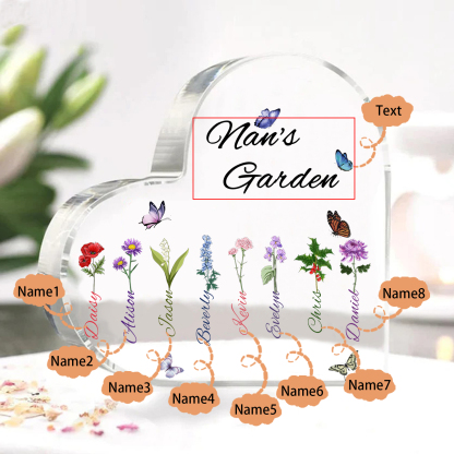 Personalised Heart-Shaped Acrylic Keepsake - Custom 8 Names & 8 Birthflowers Home Decorations Gift for Nan | Jessmade