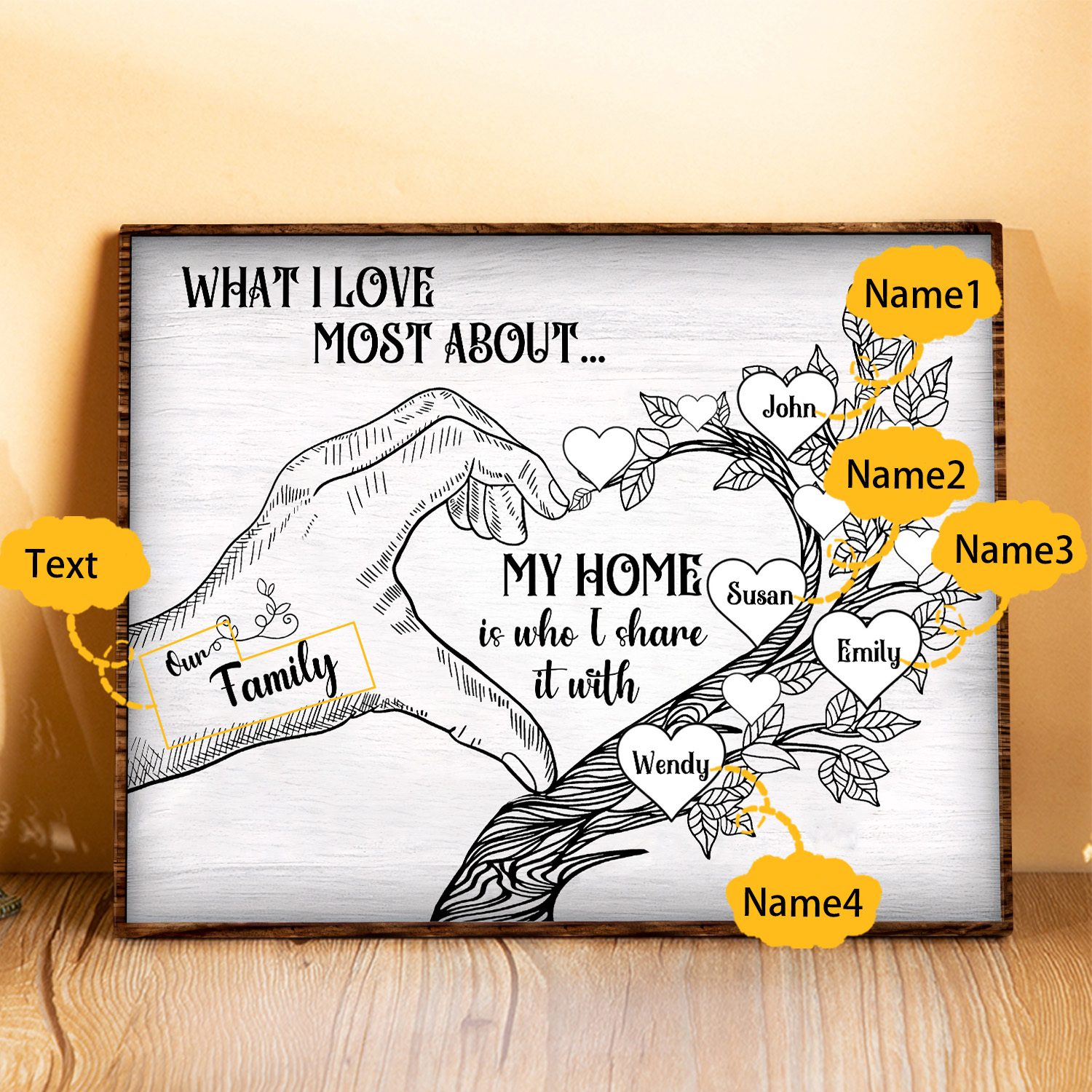 Personalised Wooden Ornament with Custom 4 Names - Family Tree Home Decor Gift for Family | Jessmade