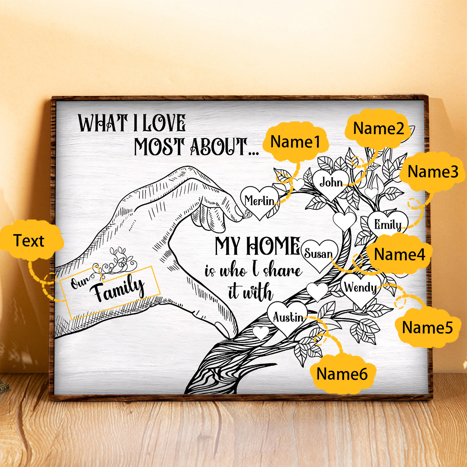 Personalised Wooden Ornament with Custom 6 Names - Family Tree Home Decor Gift for Family | Jessmade