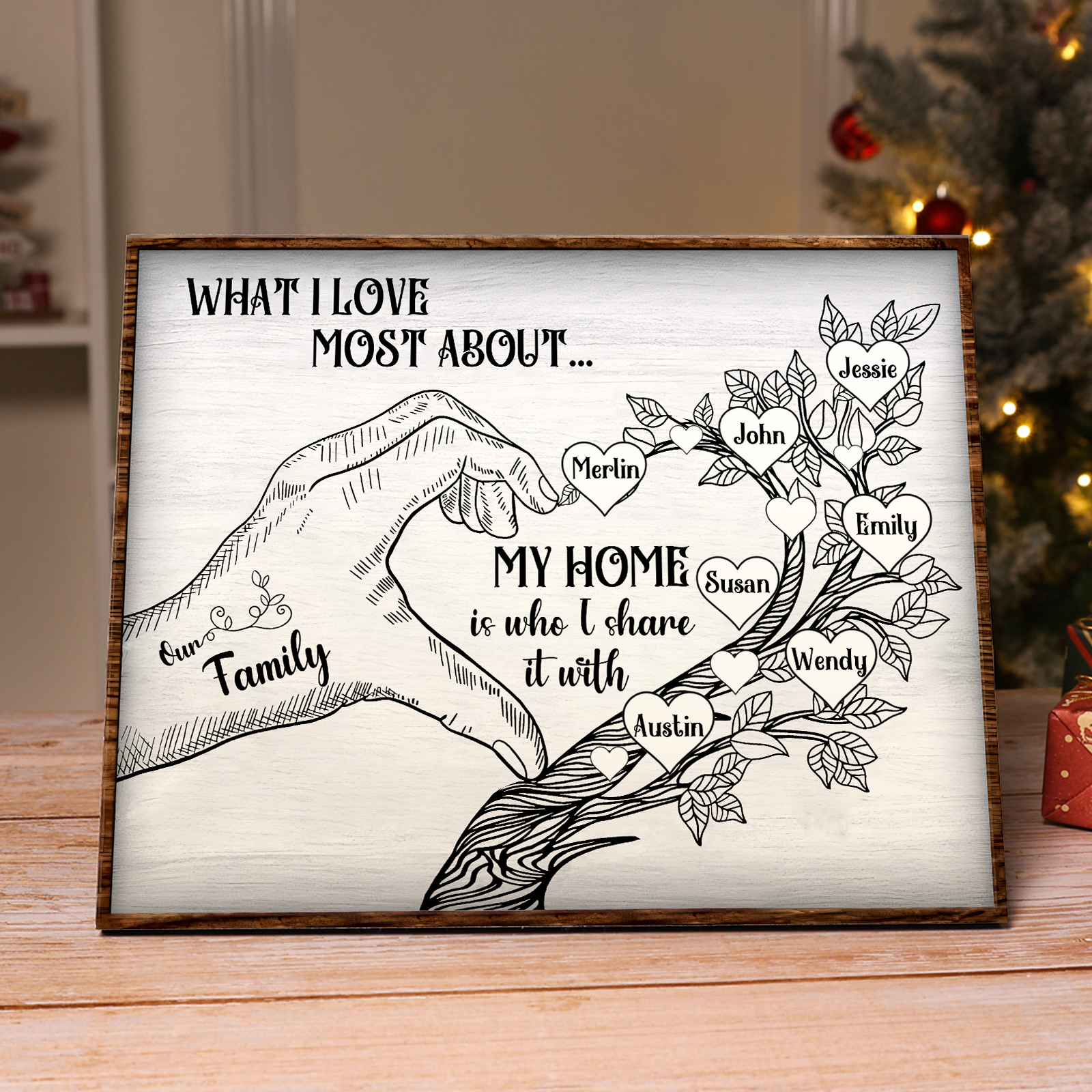 Personalised Wooden Ornament with Custom 7 Names - Family Tree Home De
