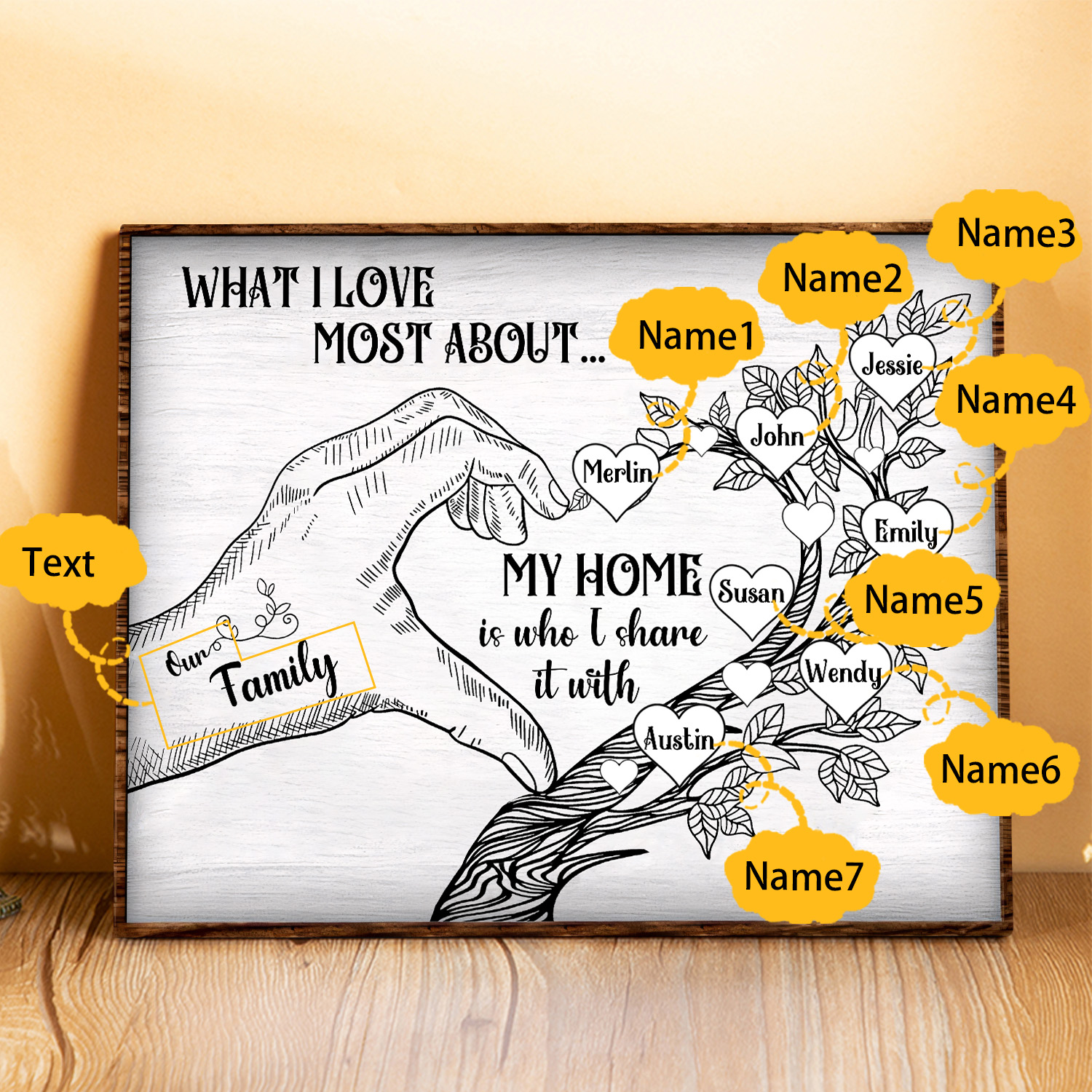Personalised Wooden Ornament with Custom 7 Names - Family Tree Home Decor Gift for Family | Jessmade