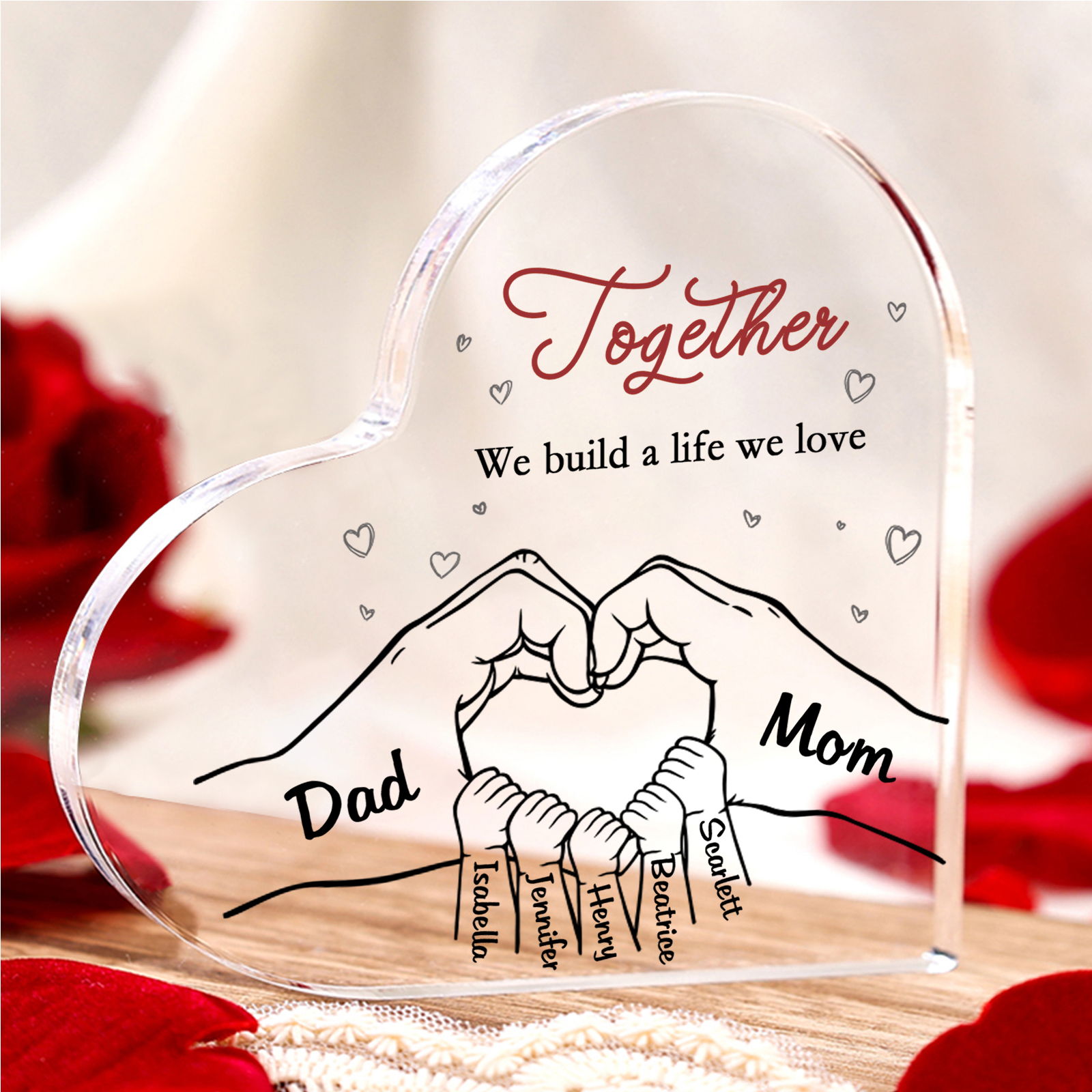 Personalised Heart Family Acrylic Keepsake - Custom 7 Names Home Decor