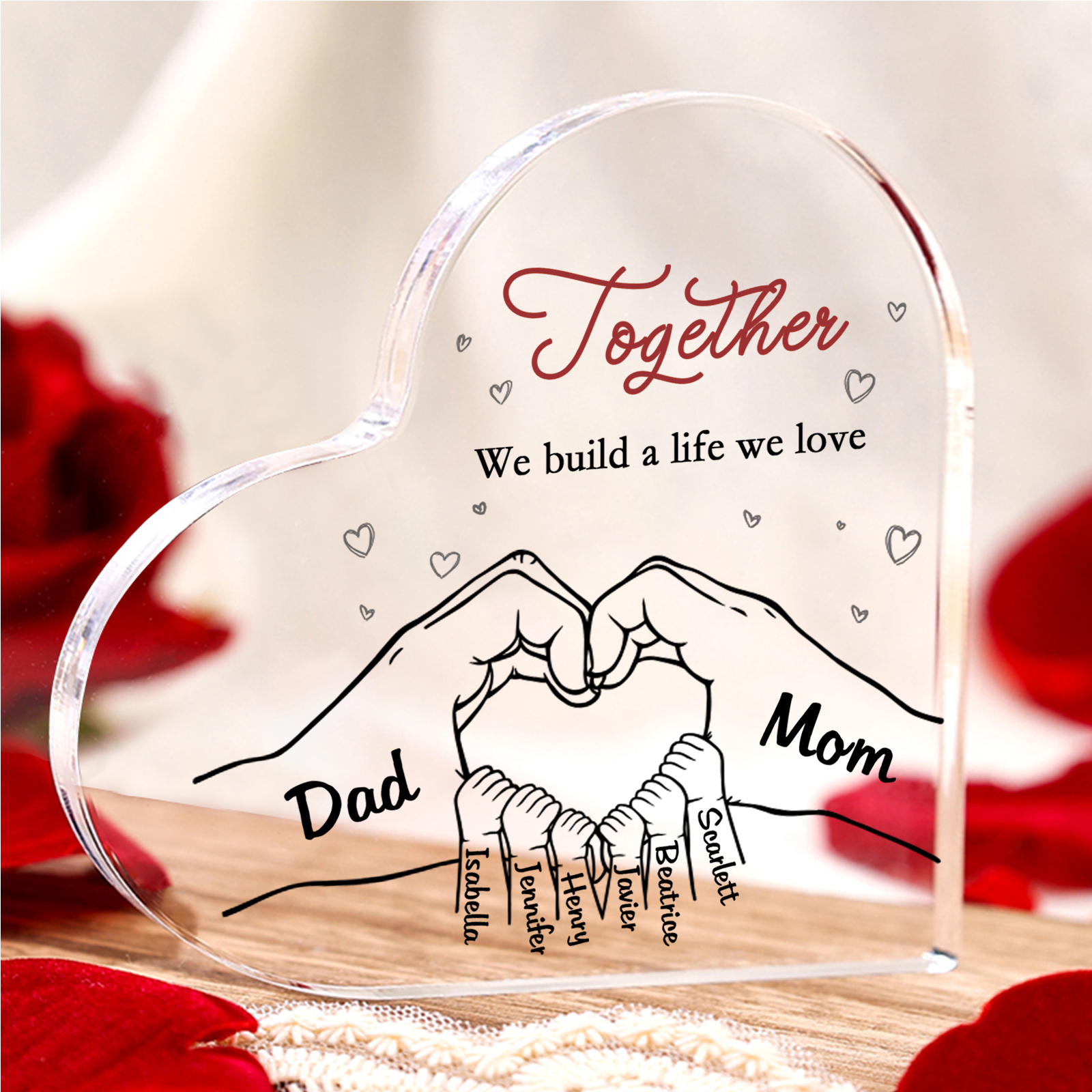 Personalised Heart Family Acrylic Keepsake - Custom 8 Names Home Decor