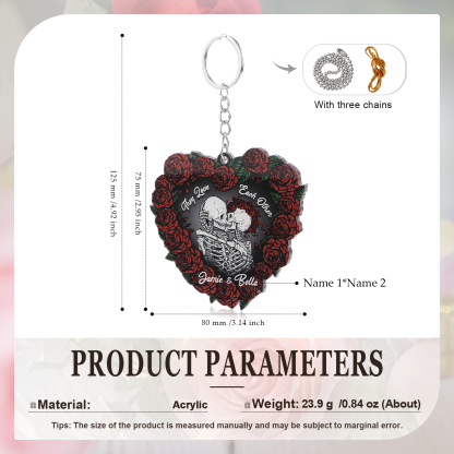 Personalised Heart-Shaped Skeleton Keychain & Ornament with Roses - Custom 2 Names Acrylic Decoration, Couple Gift for Him/Her | Jessemade