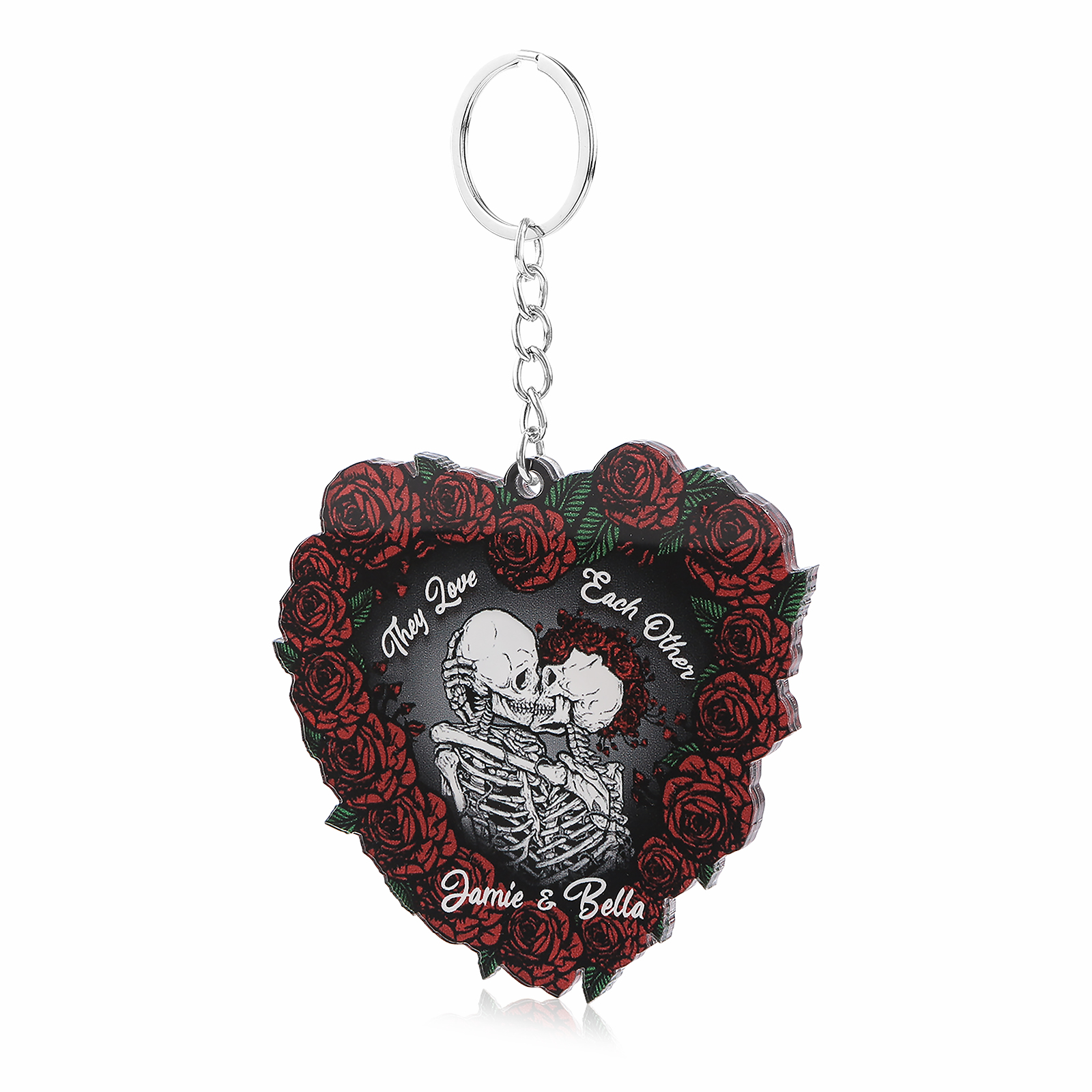 Personalised Heart-Shaped Skeleton Keychain & Ornament with Roses - Custom 2 Names Acrylic Decoration, Couple Gift for Him/Her | Jessemade