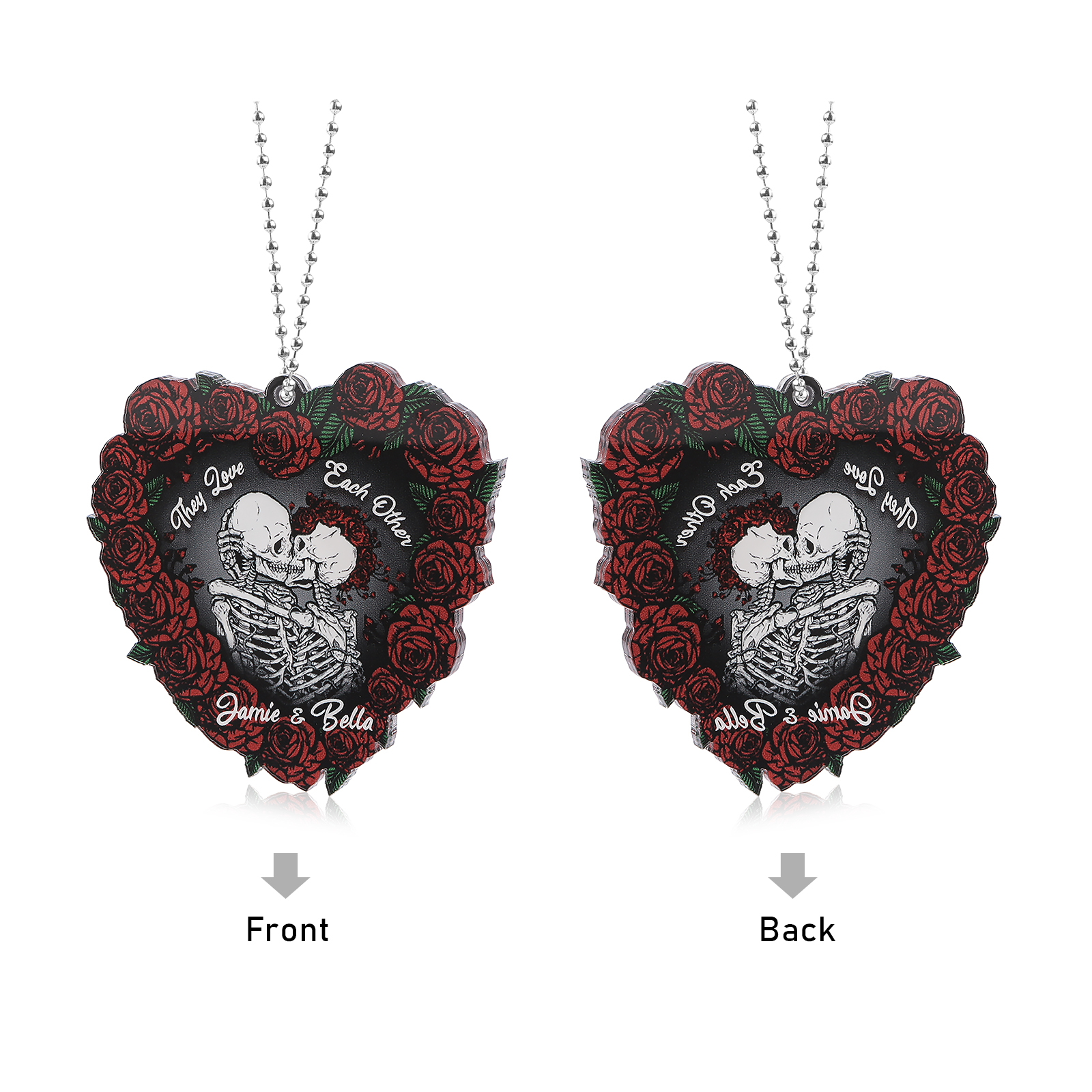 Personalised Heart-Shaped Skeleton Keychain & Ornament with Roses - Custom 2 Names Acrylic Decoration, Couple Gift for Him/Her | Jessemade