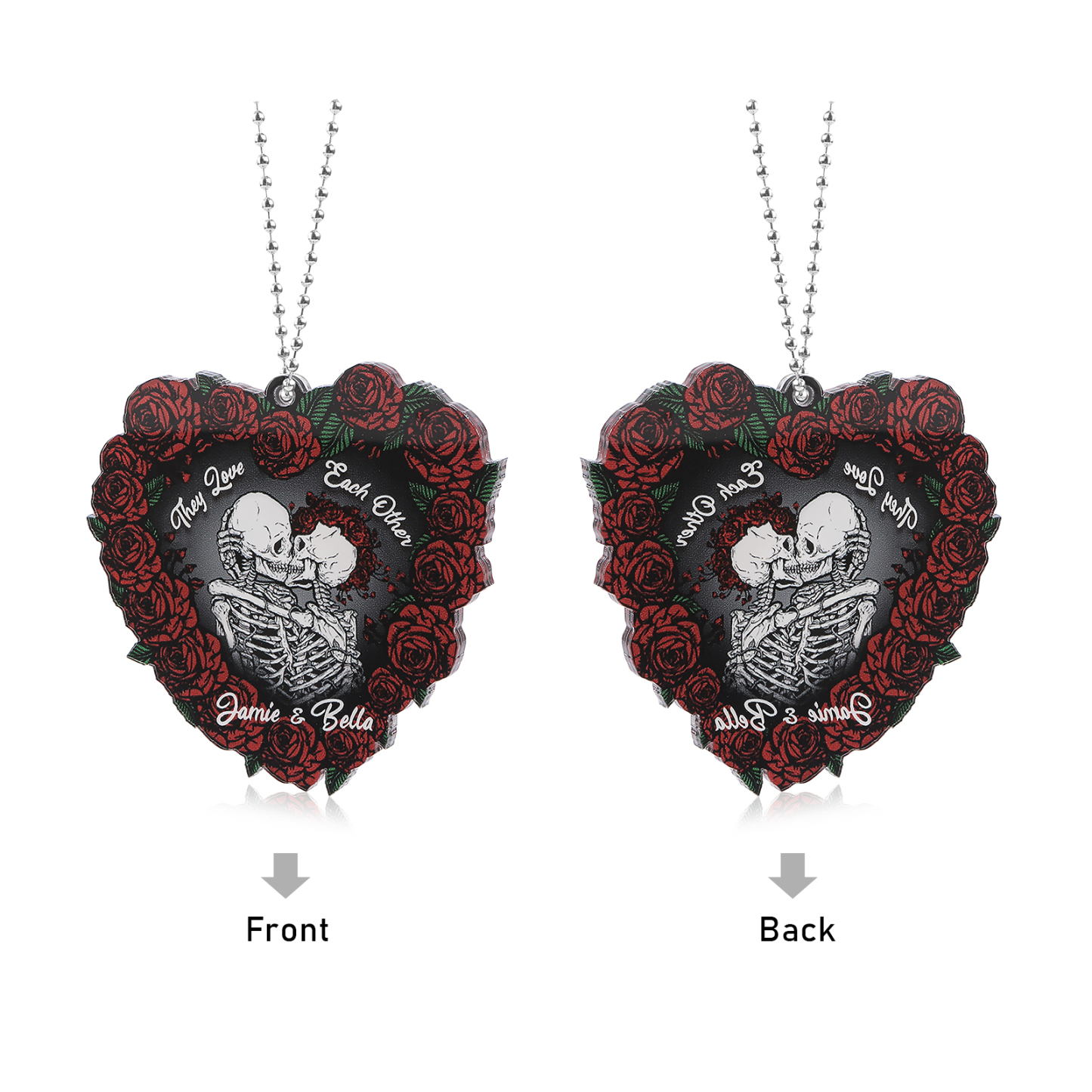 Personalised Heart-Shaped Skeleton Keychain & Ornament with Roses - Custom 2 Names Acrylic Decoration, Couple Gift for Him/Her | Jessemade