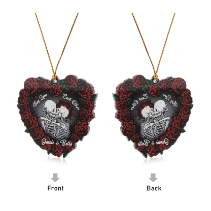 Personalised Heart-Shaped Skeleton Keychain & Ornament with Roses - Custom 2 Names Acrylic Decoration, Couple Gift for Him/Her | Jessemade