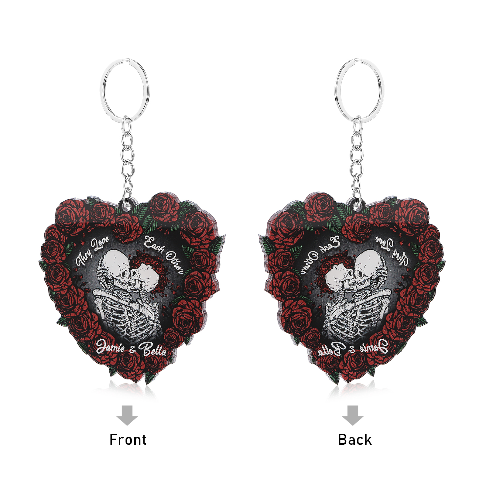 Personalised Heart-Shaped Skeleton Keychain & Ornament with Roses - Custom 2 Names Acrylic Decoration, Couple Gift for Him/Her | Jessemade