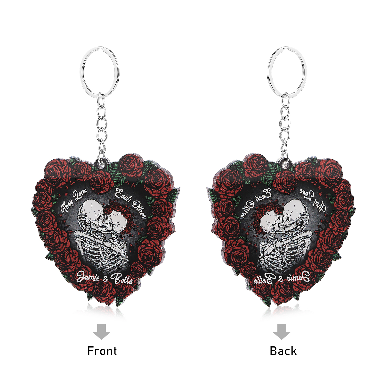 Personalised Heart-Shaped Skeleton Keychain & Ornament with Roses - Custom 2 Names Acrylic Decoration, Couple Gift for Him/Her | Jessemade