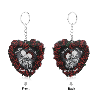 Personalised Heart-Shaped Skeleton Keychain & Ornament with Roses - Custom 2 Names Acrylic Decoration, Couple Gift for Him/Her | Jessemade