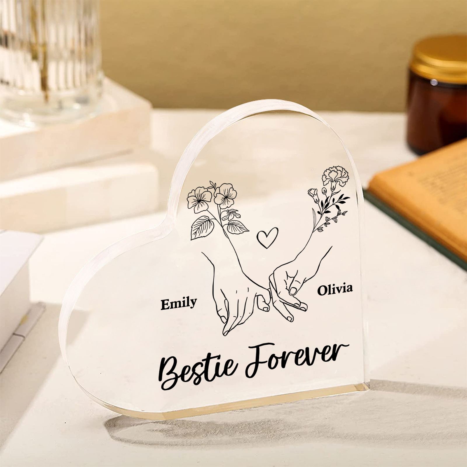 Personalized Friend Acrylic Ornament Custom 2 Names & Birth Flowers Acrylic Heart Keepsake Desktop Ornament for Friend | Jessemade