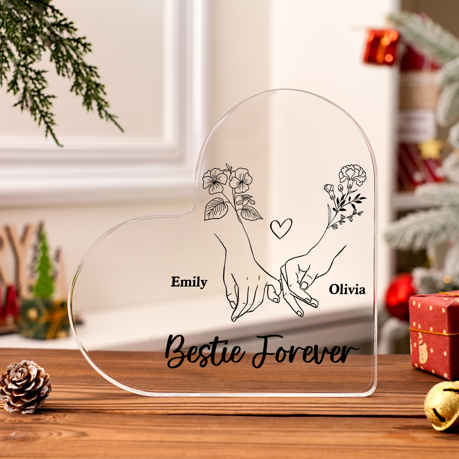 Personalized Friend Acrylic Ornament Custom 2 Names & Birth Flowers Acrylic Heart Keepsake Desktop Ornament for Friend | Jessemade