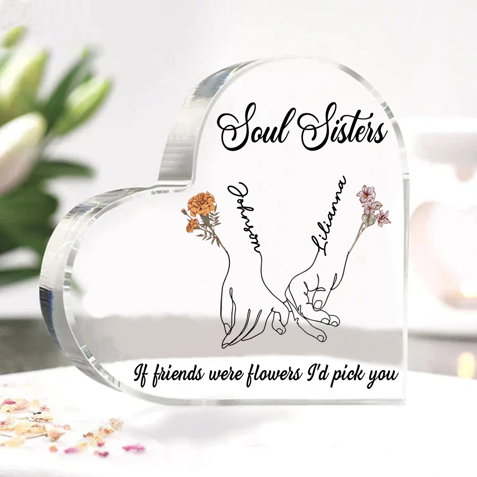 Personalized Friend Acrylic Ornament Custom 2 Names & Birth Flowers & 2 Texts Acrylic Heart Keepsake Desktop Ornament gift for Friend | Jessemade