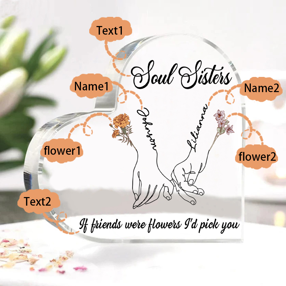 Personalized Friend Acrylic Ornament Custom 2 Names & Birth Flowers & 2 Texts Acrylic Heart Keepsake Desktop Ornament gift for Friend | Jessemade