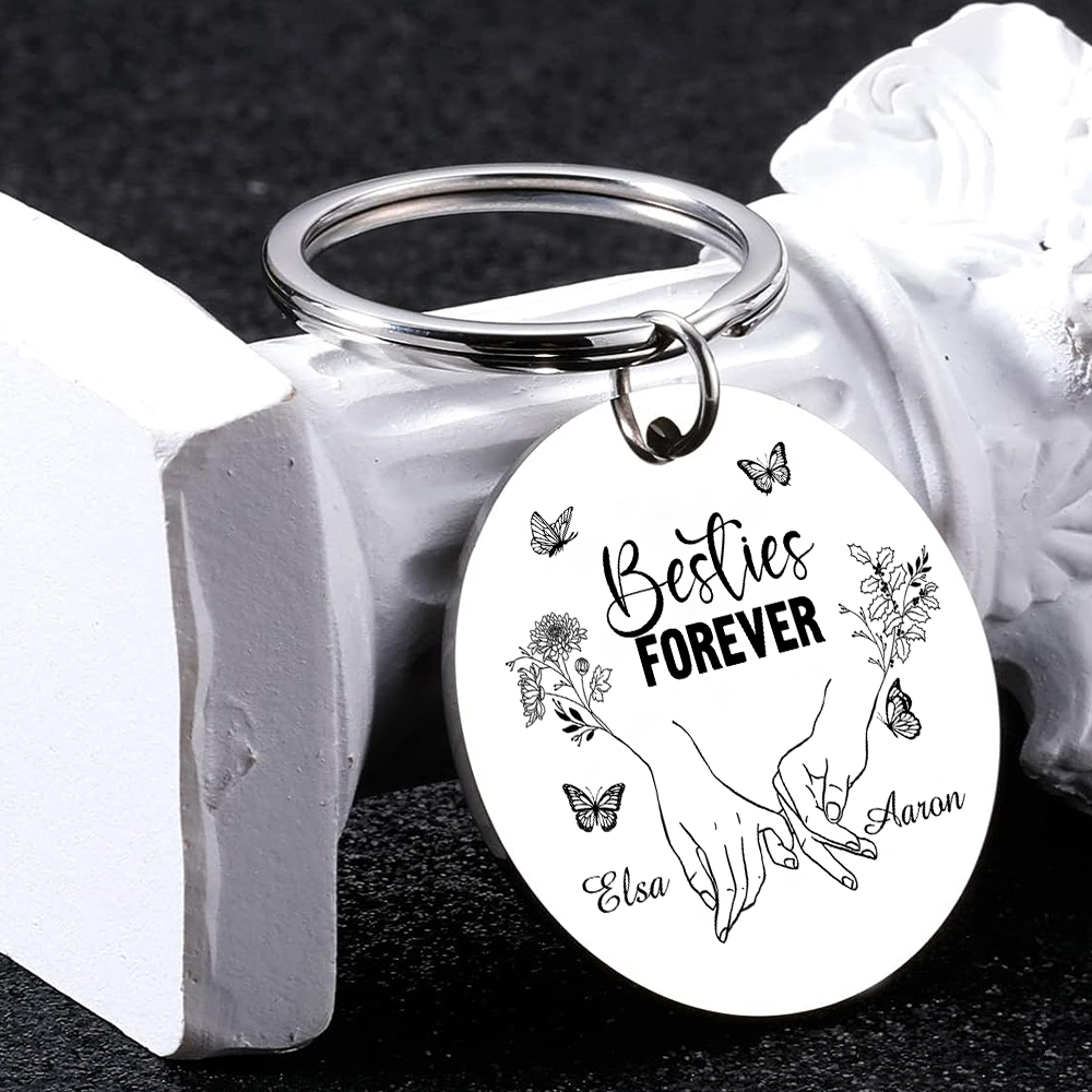 Personalized Friendship Keychain Custom 2 Names & Birth Flowers & Text