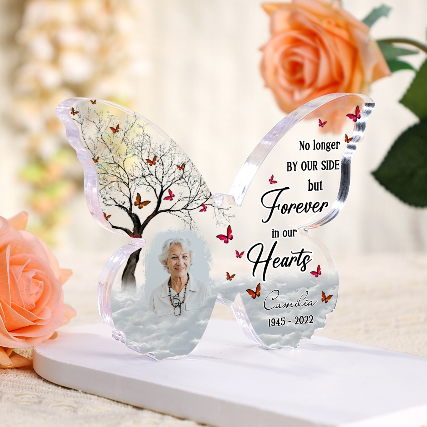 Personalized Angel Wings Memorial Gift-Custom Memorial Acrylic Heart Keepsake Desktop Ornament-We'll Meet Again