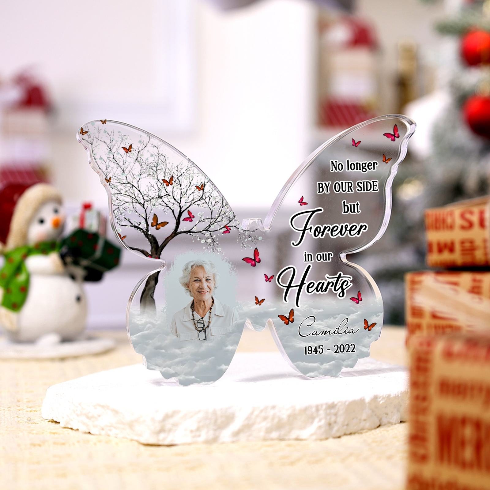 Personalised Butterfly Memorial Gift-Custom Memorial Acrylic Heart Keepsake Desktop Ornament-No longer BY OUR SIDE but Forever in our Hearts