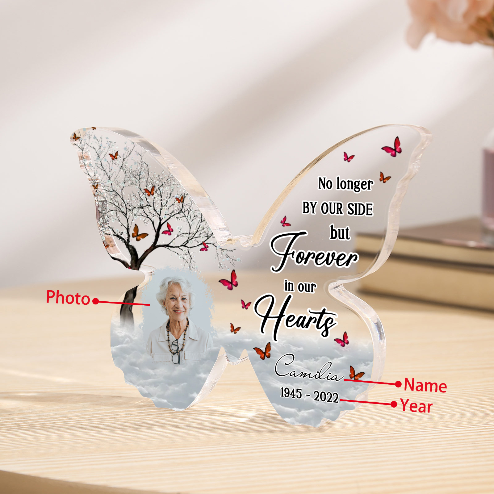 Personalised Butterfly Memorial Gift-Custom Memorial Acrylic Heart Keepsake Desktop Ornament-No longer BY OUR SIDE but Forever in our Hearts