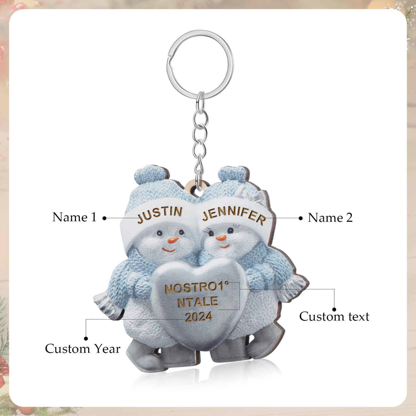 Personalised Wooden Snowman Ornament/Keyring - Custom 2 Names, Text & Year Christmas Gift for Couples | Jessemade
