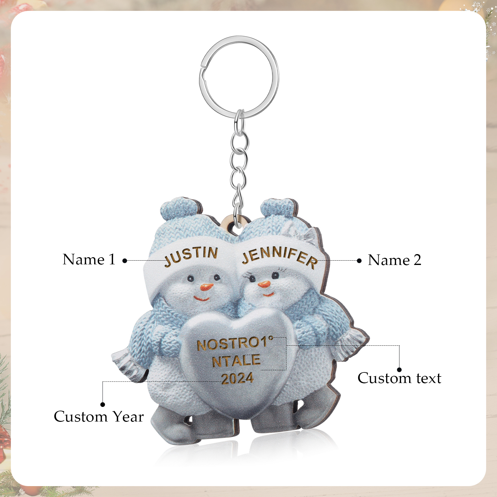 Personalised Wooden Snowman Ornament/Keyring - Custom 2 Names, Text & Year Christmas Gift for Couples | Jessemade