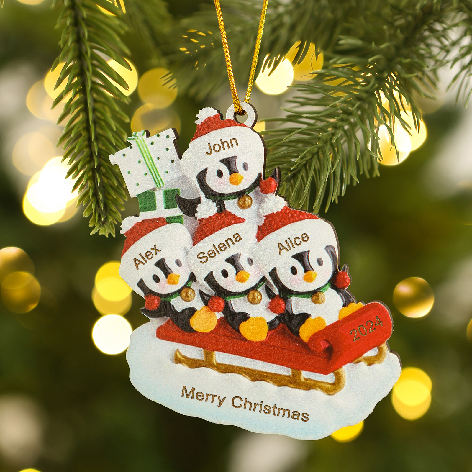 Personalised Christmas Ornament - Custom 4 Names & 1 Year & Text Woode