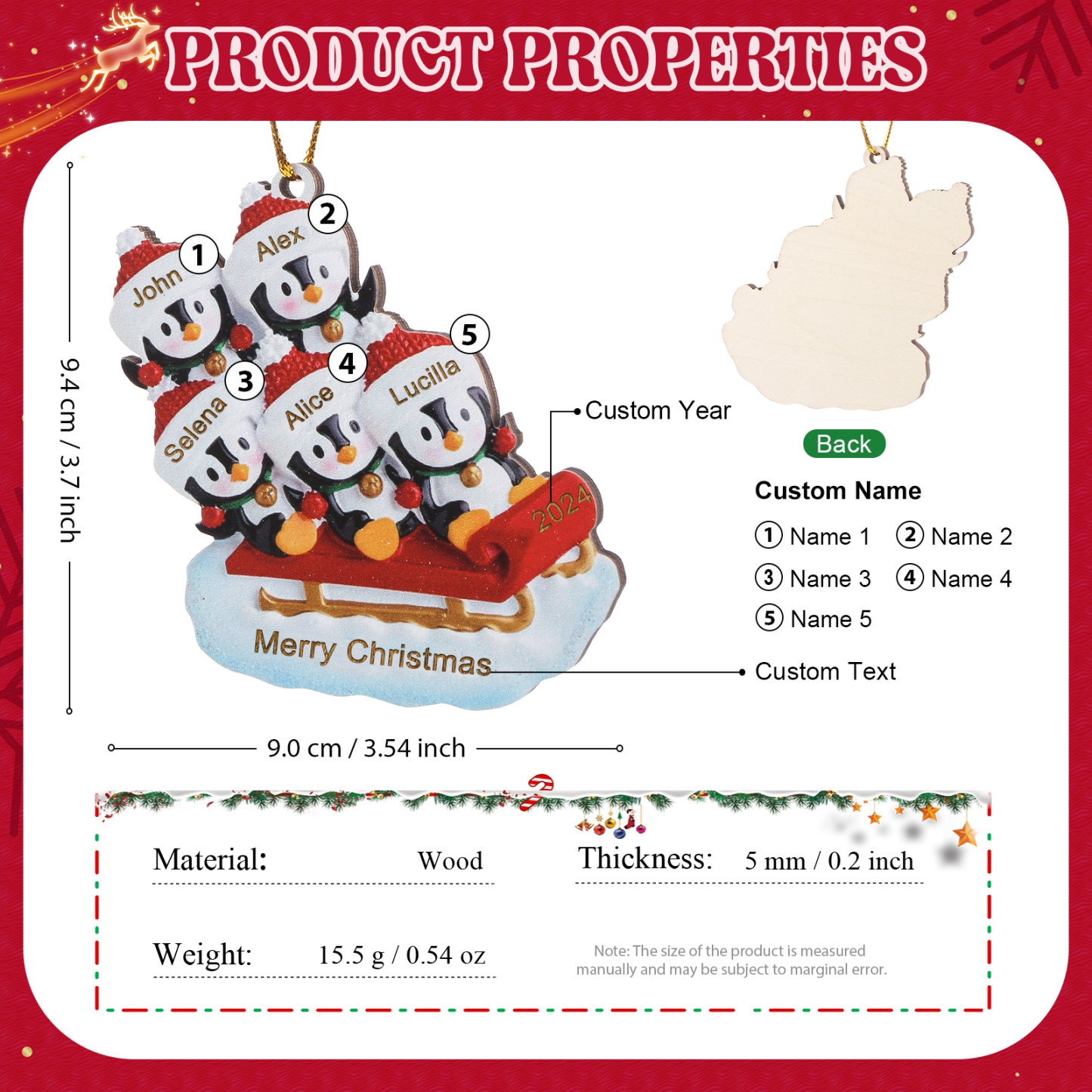 Personalised Christmas Ornament - Custom 5 Names & 1 Year & Text Wooden Ornament Christmas Gift for Family | Jessemade