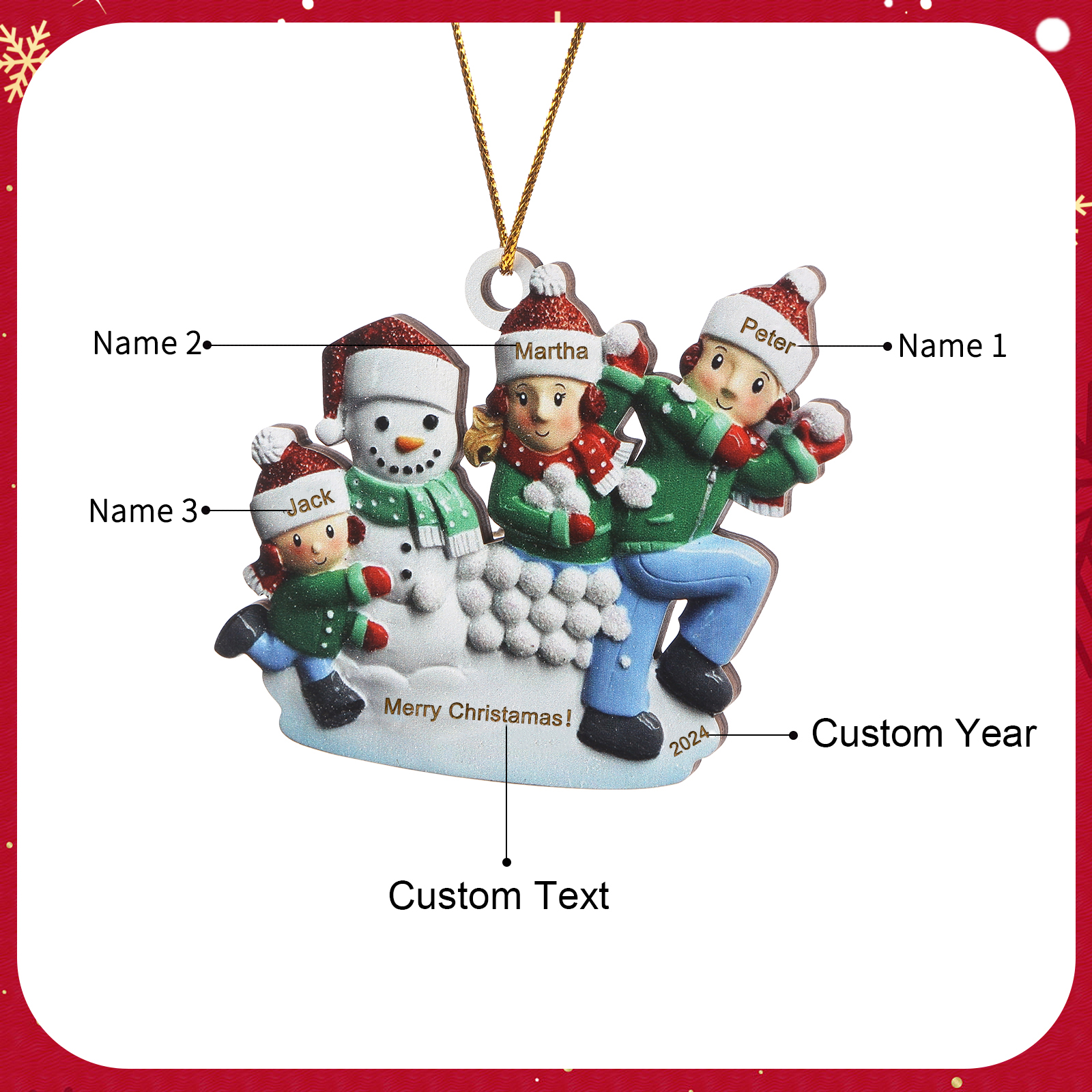 Personalised Christmas Ornament - Custom 3 Names & 1 Year & 1 Text Wooden Ornament Gift for Family | Jessemade