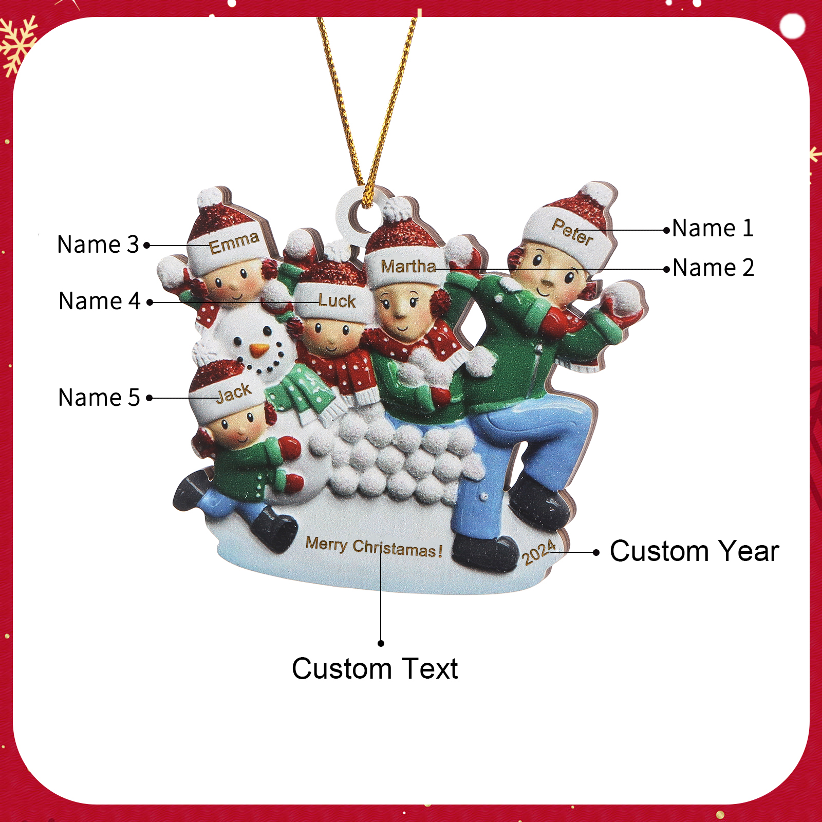 Personalised Christmas Ornament - Custom 5 Names & 1 Year & 1 Text Wooden Ornament Gift for Family | Jessemade
