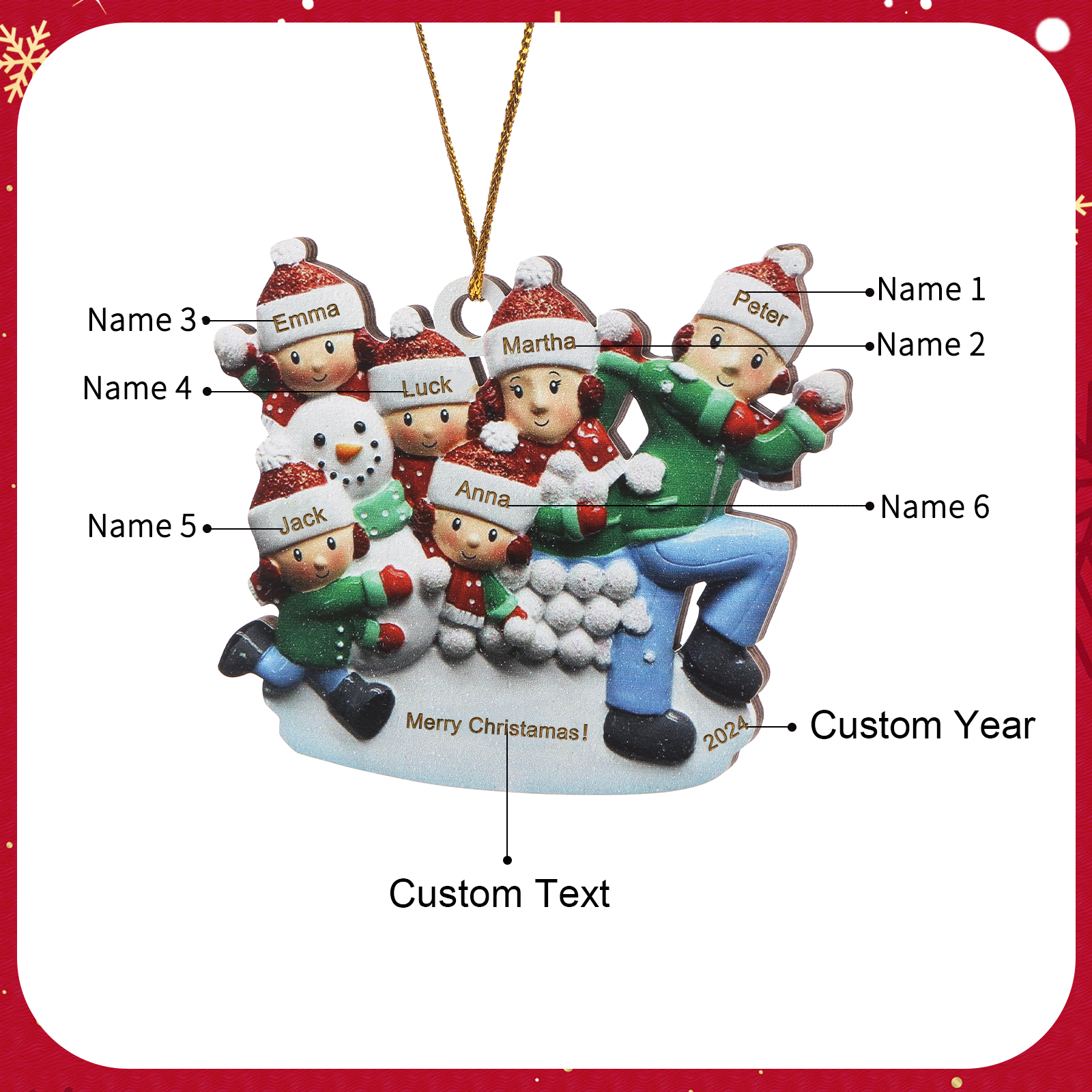 Personalised Christmas Ornament - Custom 6 Names & 1 Year & 1 Text Wooden Ornament Gift for Family | Jessemade
