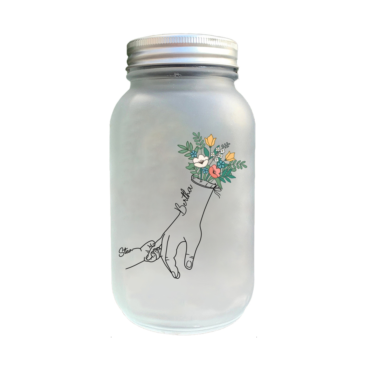 Personalized Luminous Mason Jar with Hand-Holding & Floral – Custom 2-7 Names LED Light Family Gift | Jessemade