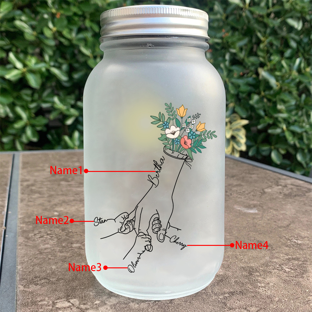 Personalized Luminous Mason Jar with Hand-Holding & Floral – Custom 2-7 Names LED Light Family Gift | Jessemade