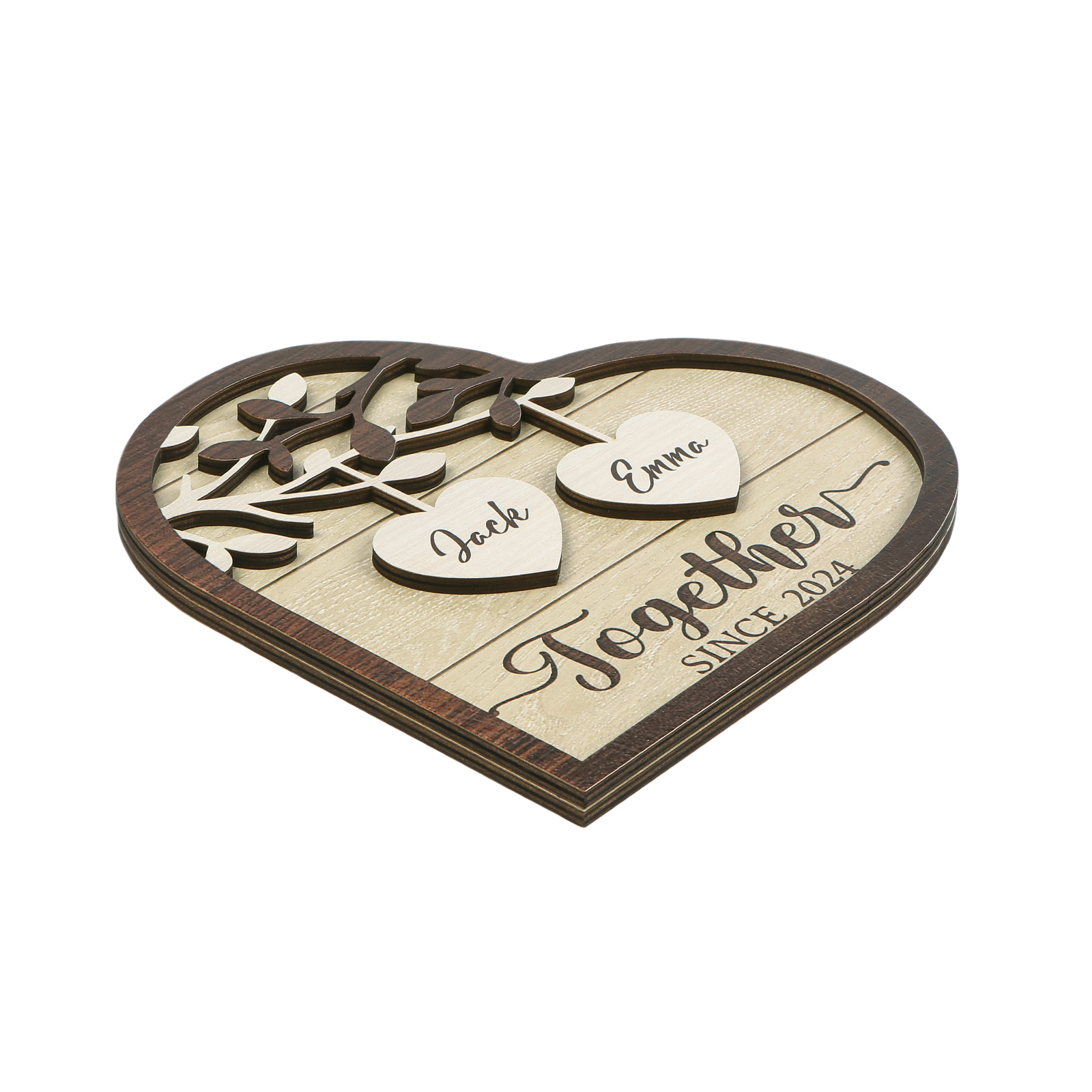Personalised Heart-Shaped Wooden Framet – Custom 2 Names & Year, Couple Gift for Him/Her | Jessemade