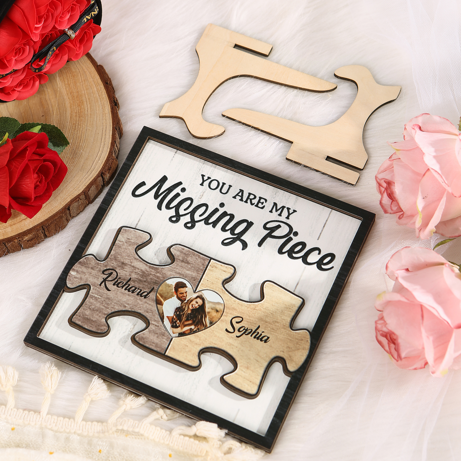 Personalised Puzzle Heart Wooden Frame – Custom 2 Names & 1 Photo Christmas Gift for Couples | Jessemade