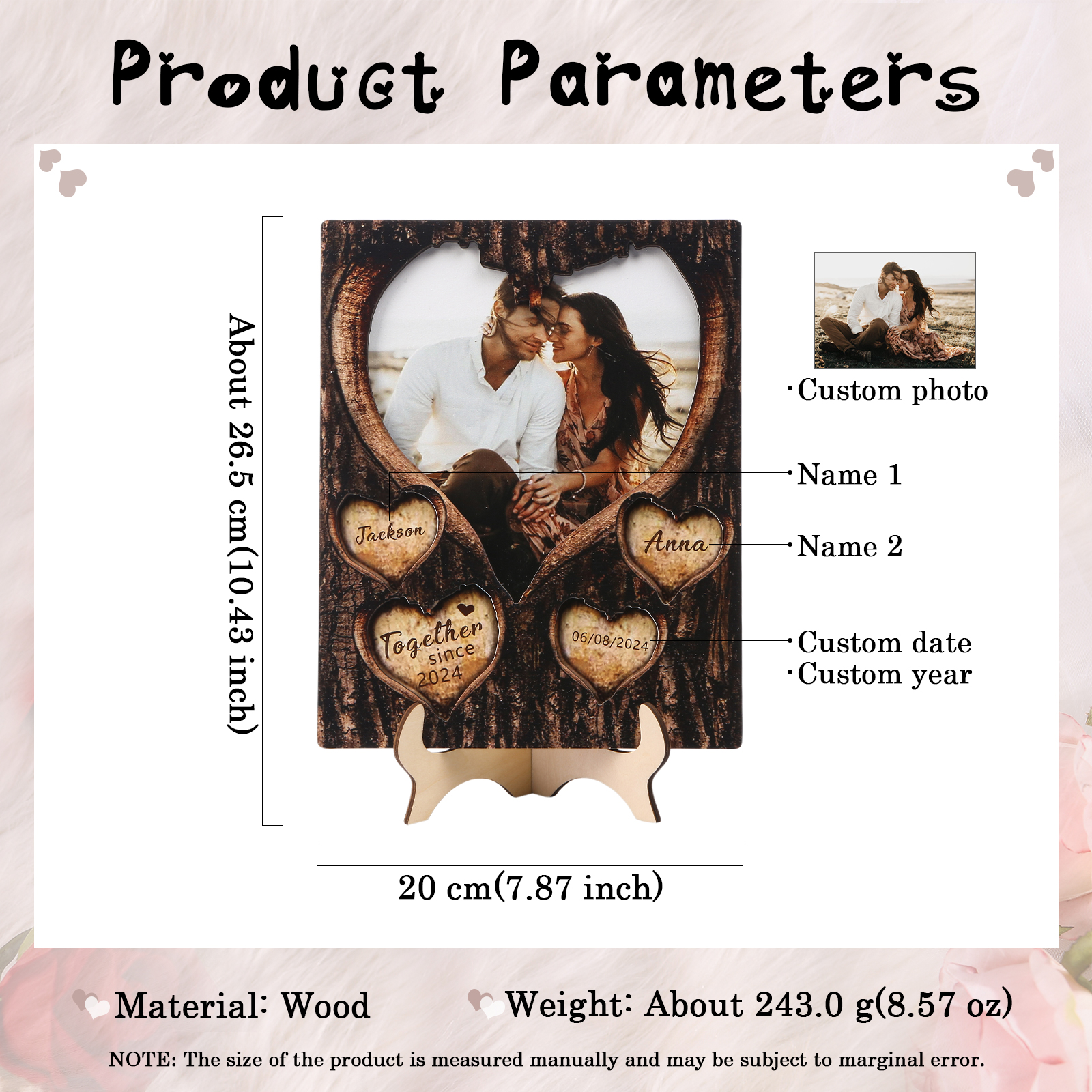 Personalised Couple Heart-Shaped Wooden Plaque with Custom 1 Photo, 2 Names & 2 Dates Christmas Gift for Him/Her | Jessemade