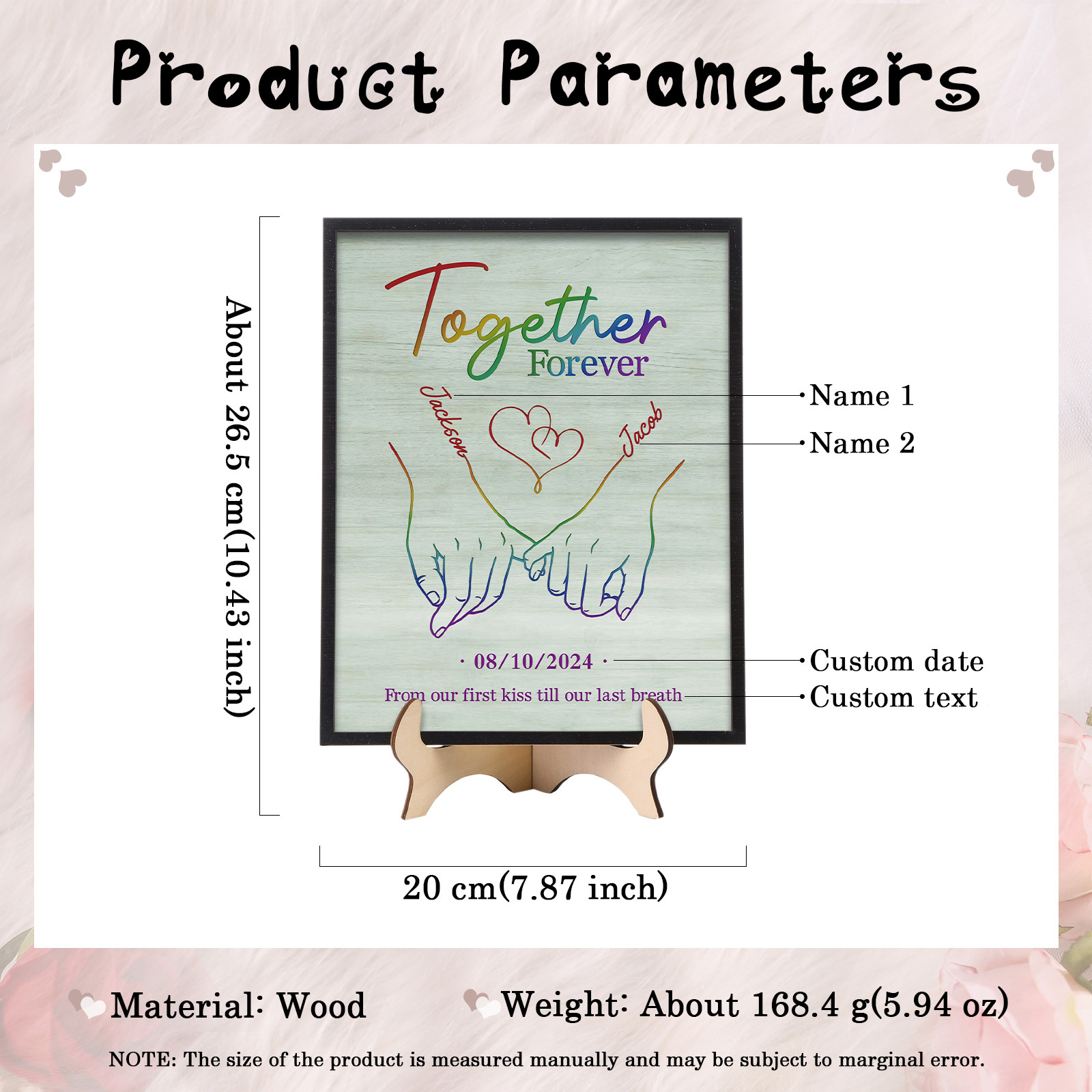 Personalised Couple Hand-in-Hand Wooden Plaque – Custom 2 Names, Text & Date Christmas Couple Gift for Him/Her | Jessemade