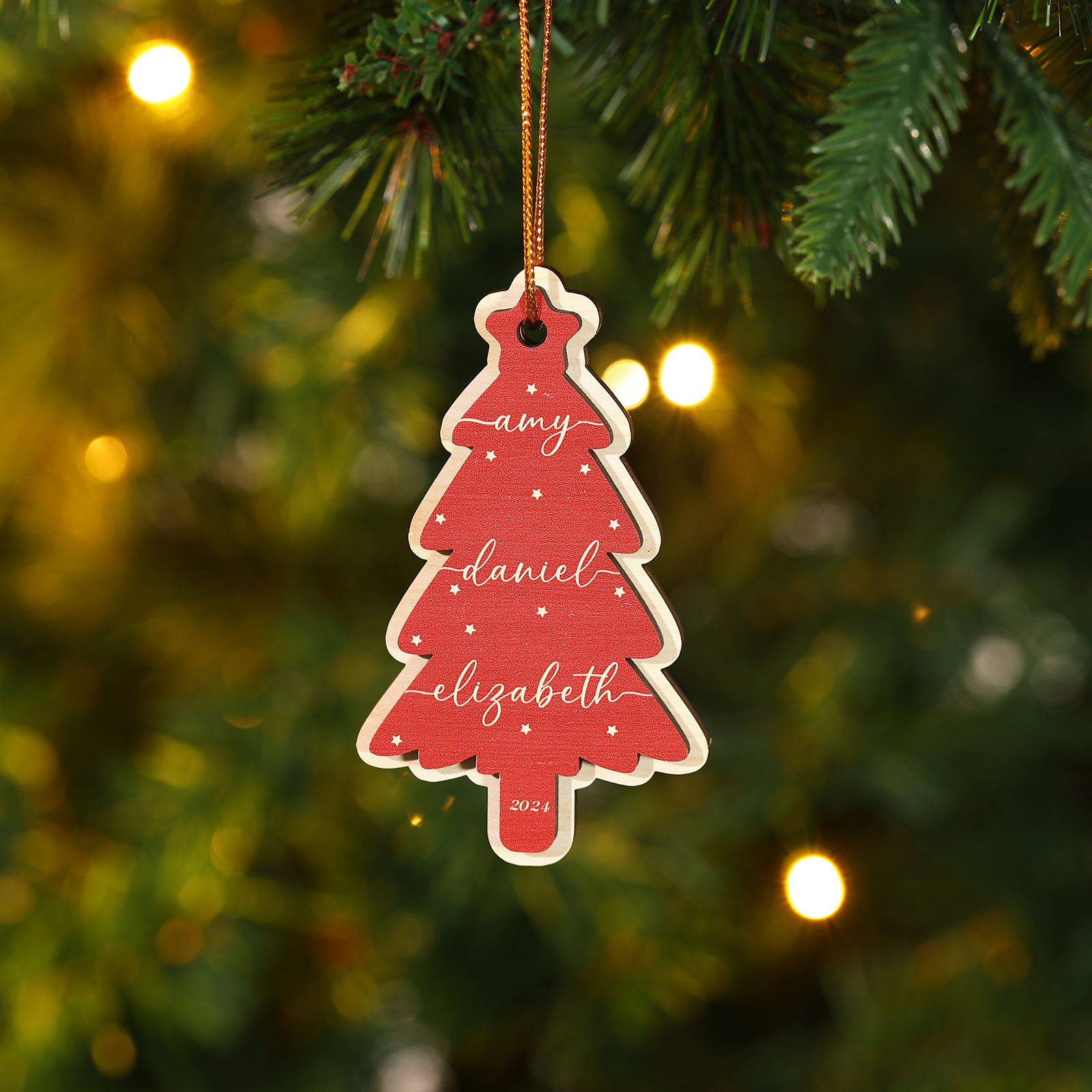 Personalised Family Christmas Ornament -Custom 1-6 Names Red Wooden Tr