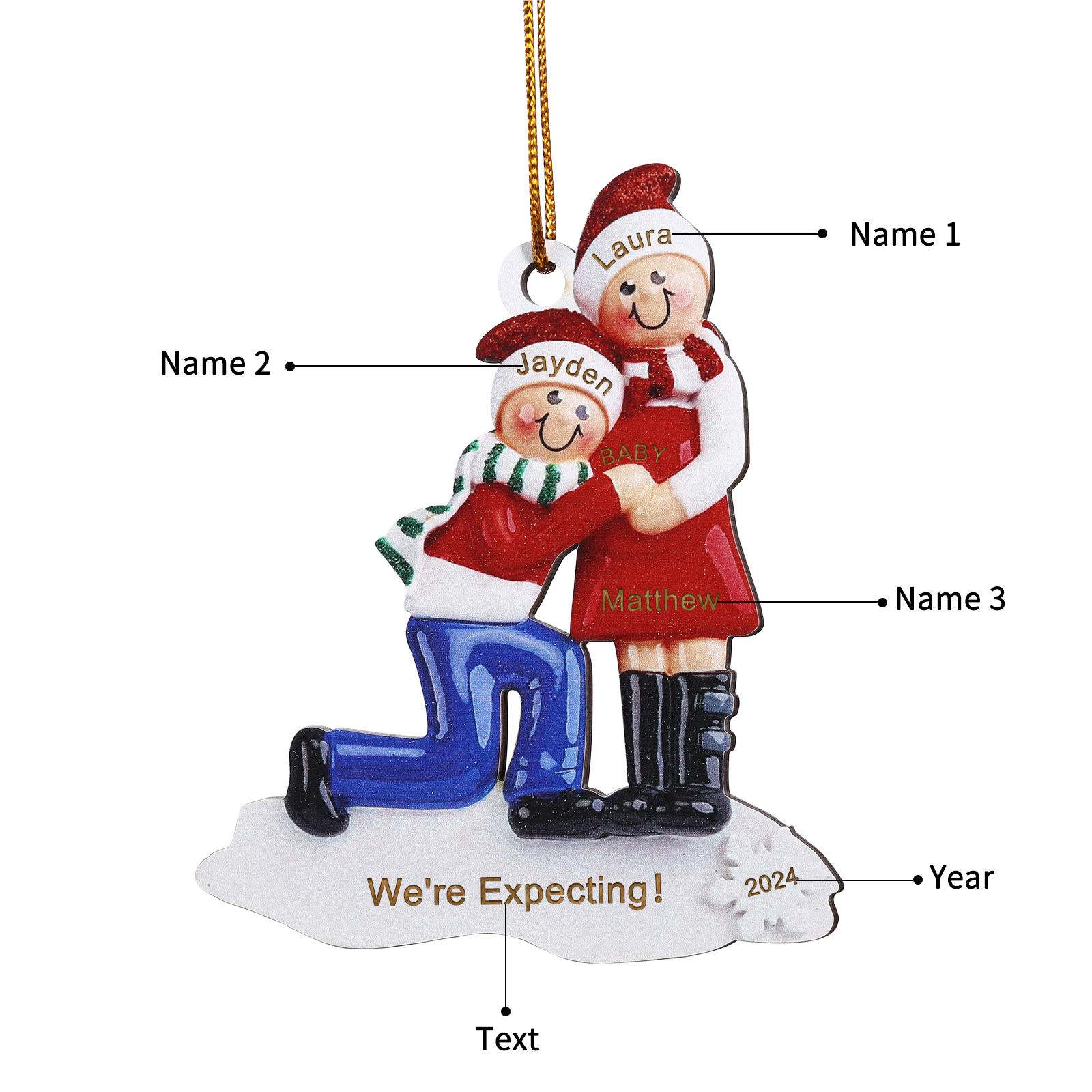 Personalised Christmas Ornament - Custom 3 Names, 1 Text, and 1 Year for Pregnant Moms | Jessemade