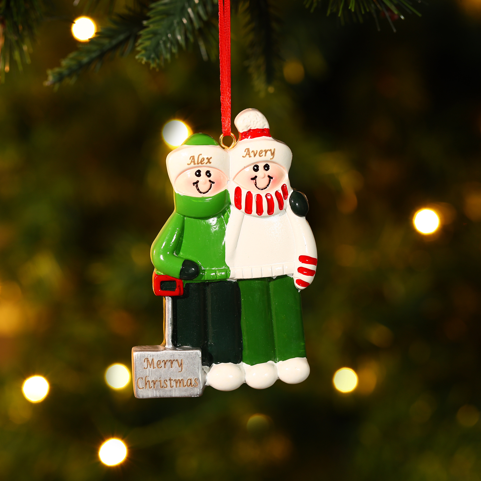 Personalised Family Christmas Ornament – Custom Resin Snow Shoveling Scene with 2 Names & 1 Text Christmas Gift | Jessemade