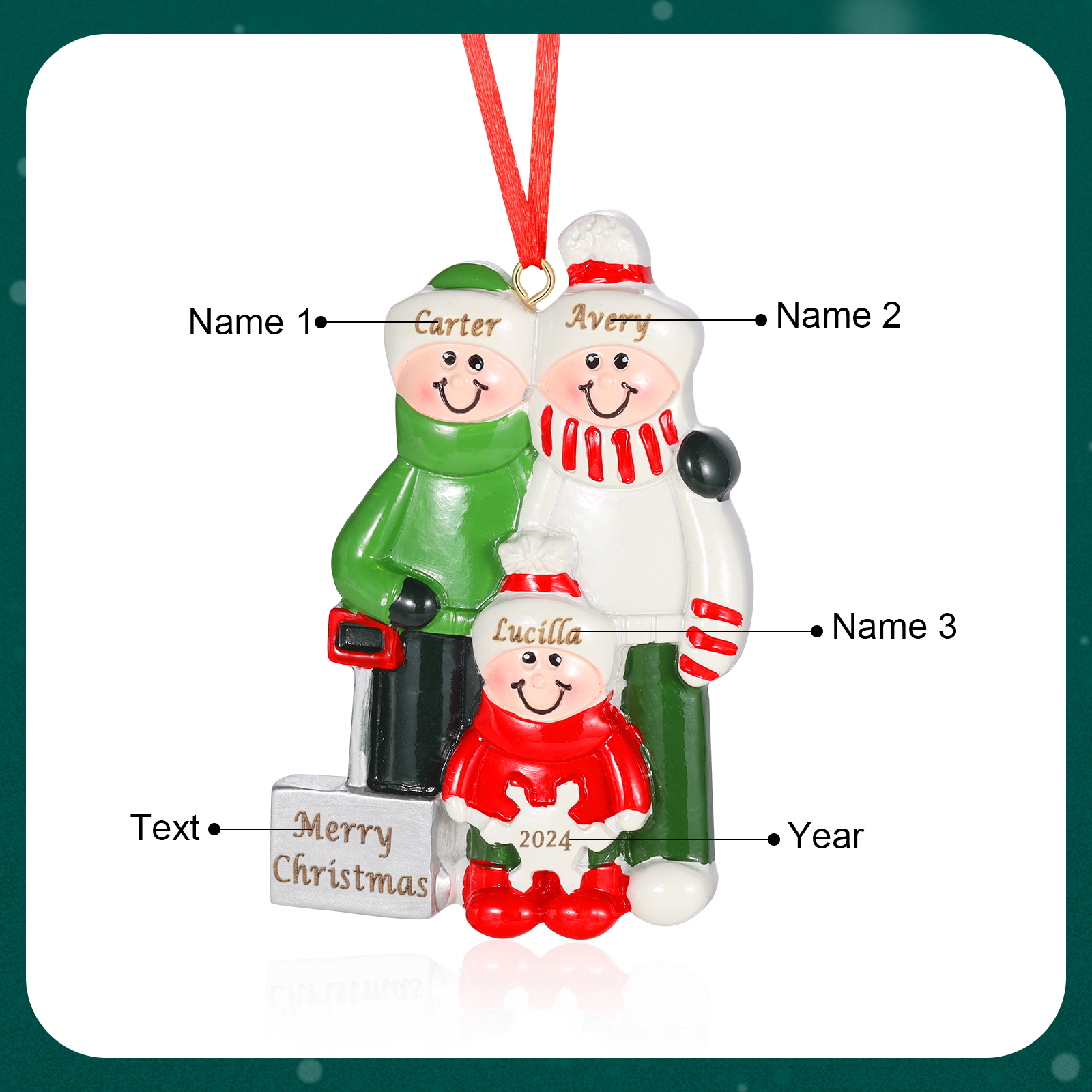 Personalised Family Christmas Ornament – Custom Resin Snow Shoveling Scene with 3 Names & 1 Text Christmas Gift | Jessemade