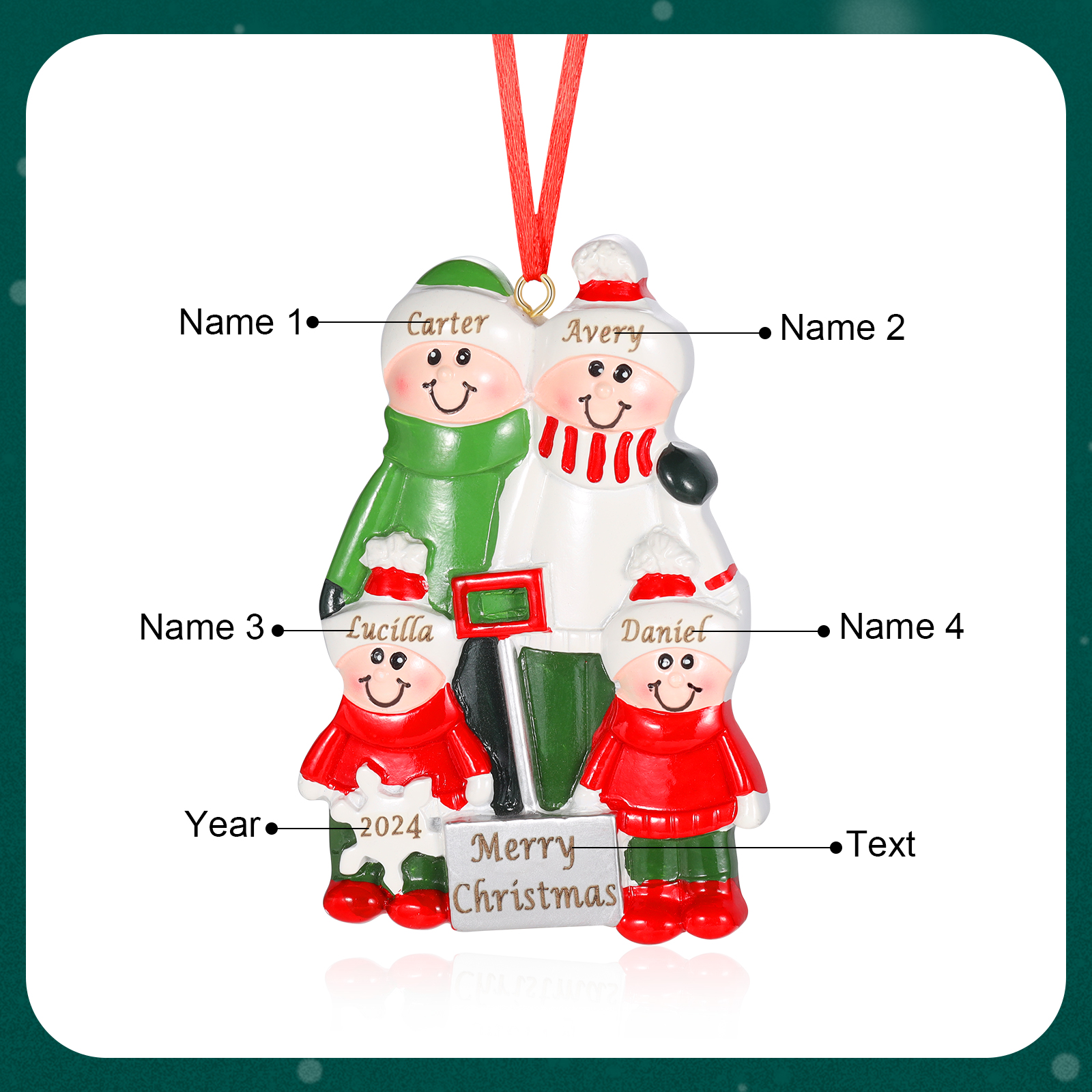 Personalised Family Christmas Ornament – Custom Resin Snow Shoveling Scene with 4 Names & 1 Text Christmas Gift | Jessemade
