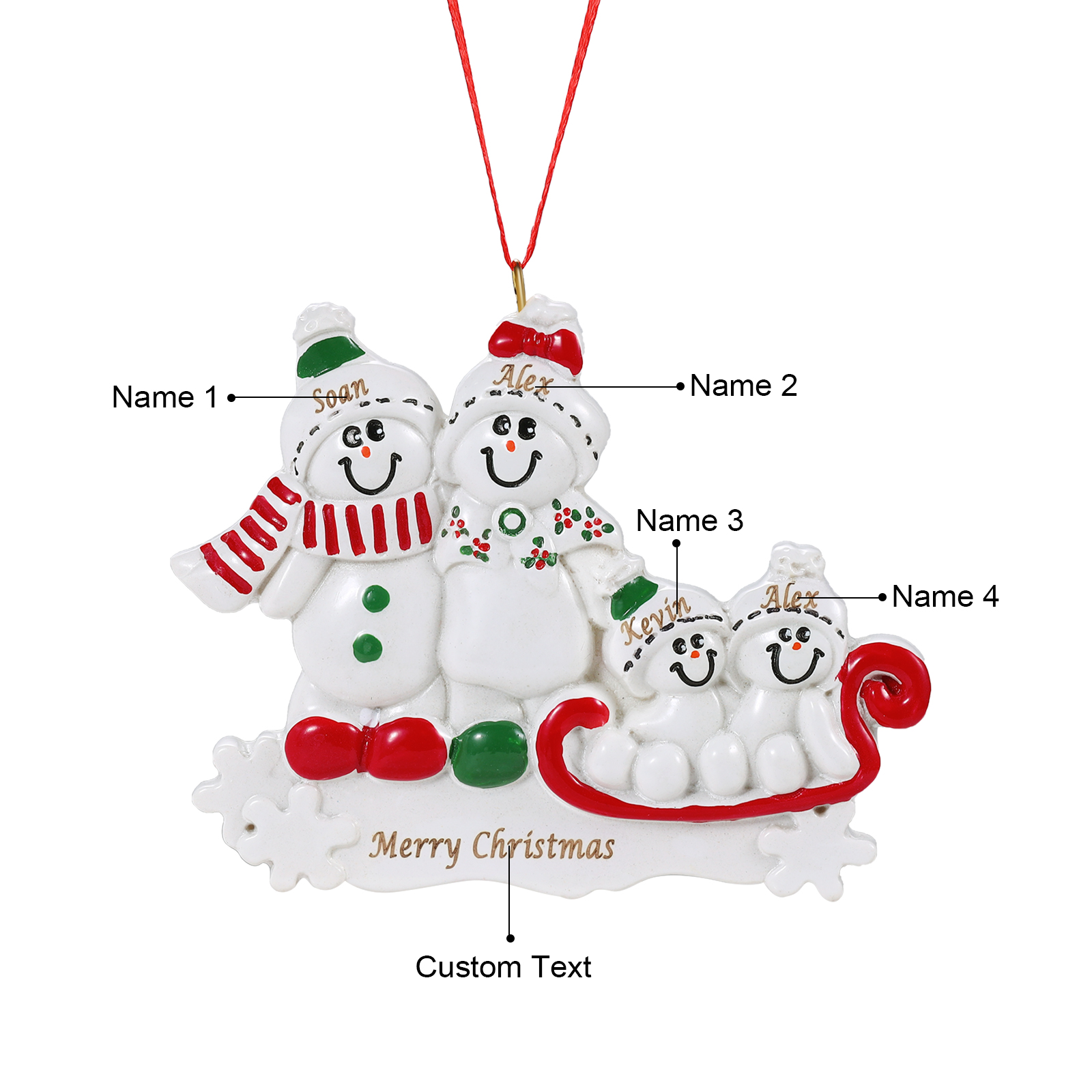 Personalised Resin Snowman Family Christmas Ornament – Custom 4 Names & 1 Text Christmas Gift for Family | Jessemade