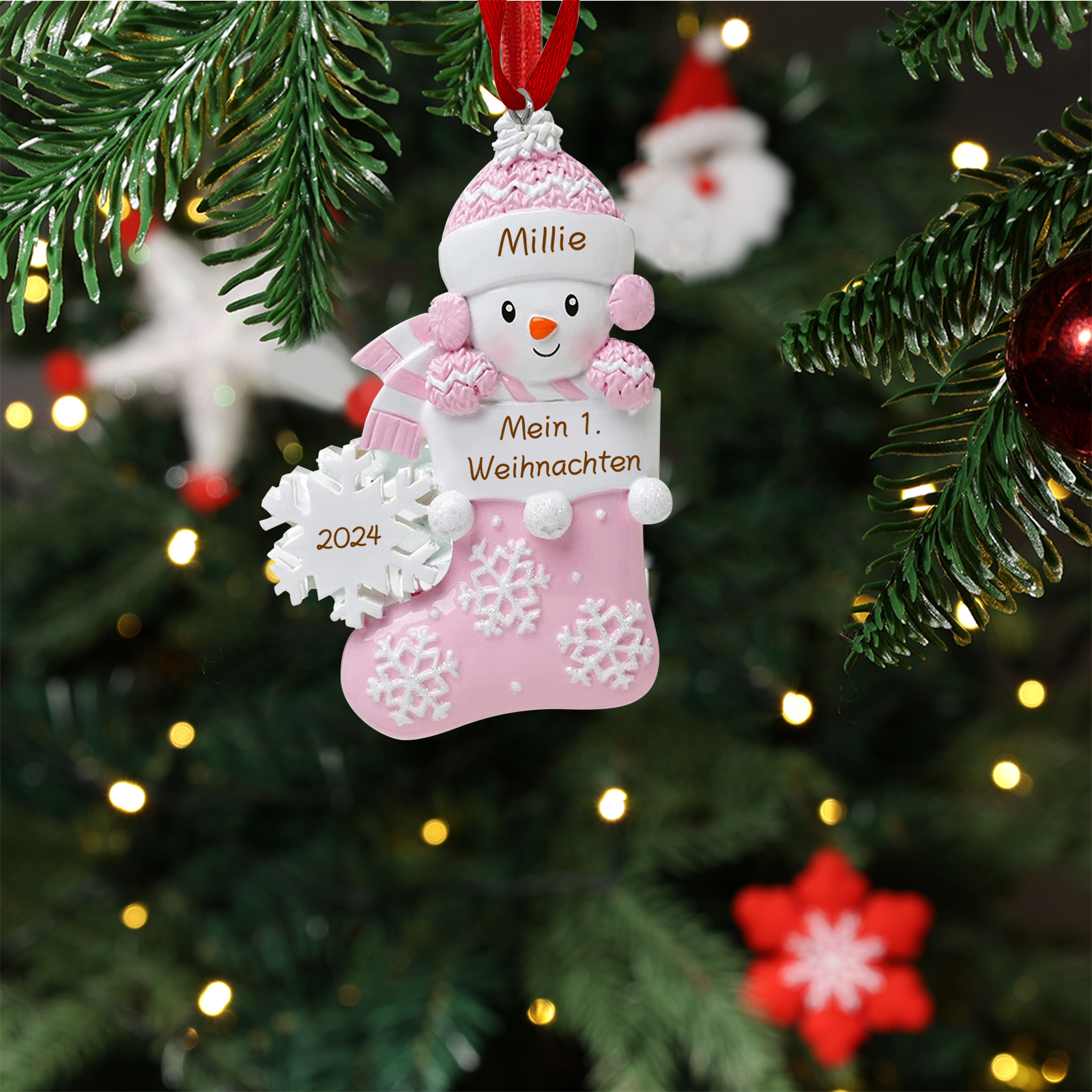 Personalized Baby’s First Christmas Snowman Stocking Ornament – Custom Name & Text & Year Resin Hanging Decoration Gift for Child | Jessemade