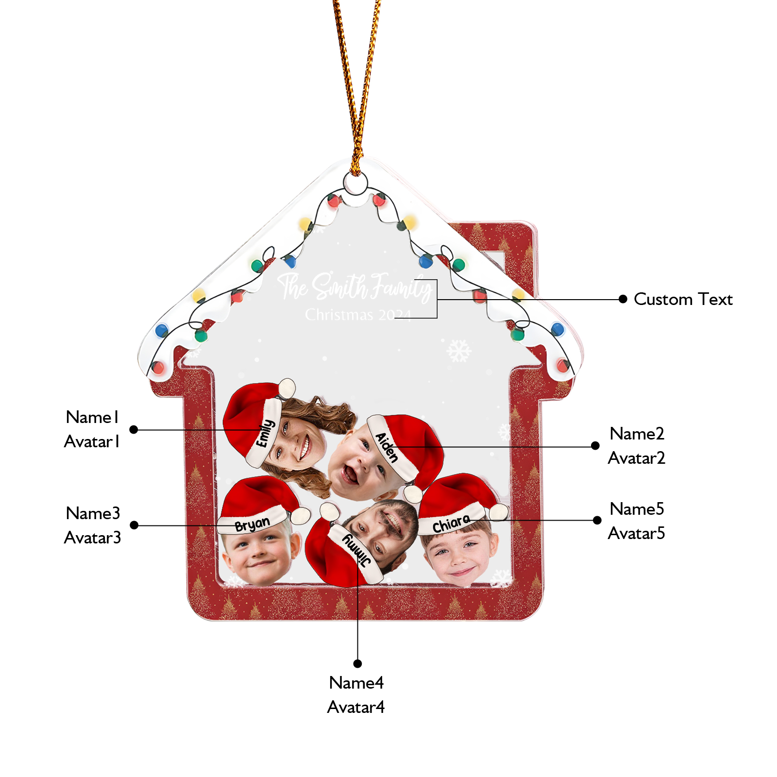 Personalised Christmas Family Ornament – Custom 5 Names & 5 Photos & 1 Text Christmas Gift for Family | Jessemade
