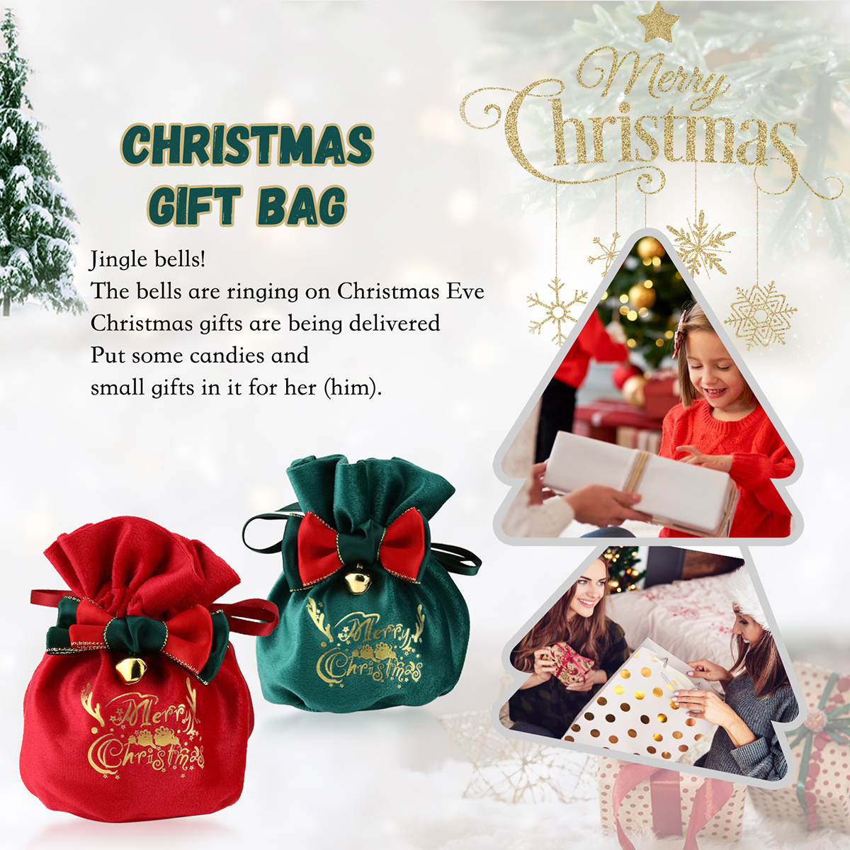 Festive Christmas Gift Bag with Bell & Bow for Family Gifts